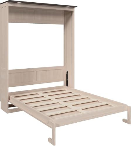 MERITLINE Queen Farmhouse Murphy Bed with LED, Solid Wood Vertical Murphy Wall Bed Cabinet for Adults (Natural Wood) MERITLINE