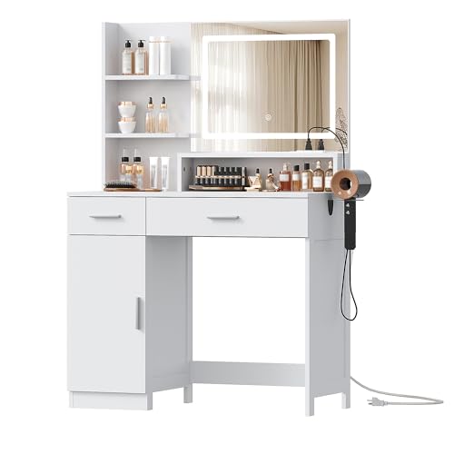 ProsperHaven Vanity Desk with LED Mirror and Lights, Makeup Vanity Table with Power Outlet, Drawers, Cabinet, Dressing Table with Open Storage Shelves for Bedroom, Dressing Room, White ProsperHaven
