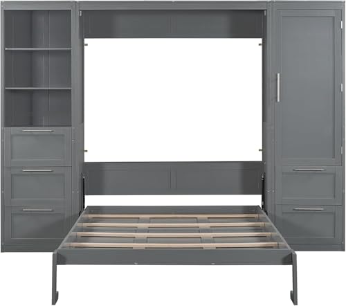 MERITLINE Queen Murphy Bed with Storage Wardrobe Closet,Drawers and Open Shelves,Wood Folding Farmhouse Murphy Wall Bed with Shelves,for Adults (Grey)