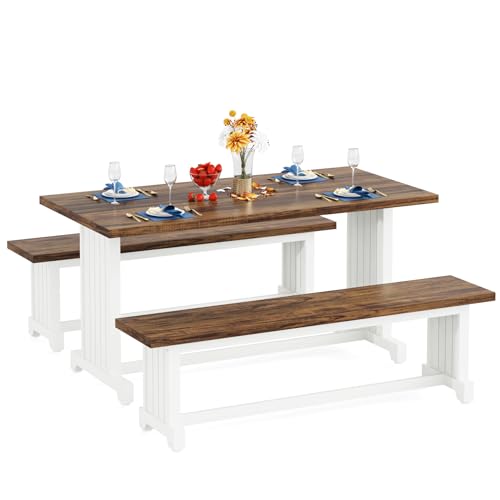 Tribesigns 47-Inch Small Dining Table Set for 2, 3-Piece Kitchen Table with 2 Benches, Farmhouse Wood Dinner Furniture for Narrow Space, Apartment, White & Rustic Brown Tribesigns