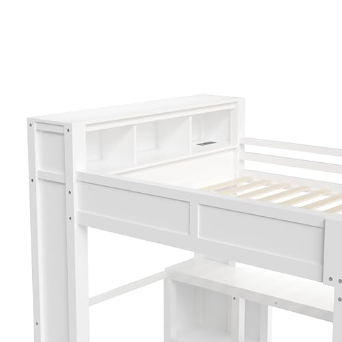 CKLMMC Wooden Queen Loft Bed with Desk, Headboard with Storage and USB, Space-Saving Modern Design for Small Rooms (White-Q1) CKLMMC