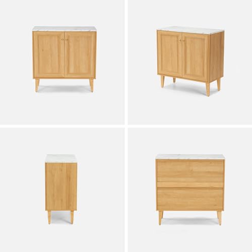 EYYTHUNG Storage Cabinet Sideboard Buffet Cabinet, Modern Accent Cabinet with Faux Marble Top & Adjustable Shelves, Wooden Credenza, Console Table Entryway Cabinet for Living Room, Oak EYYTHUNG