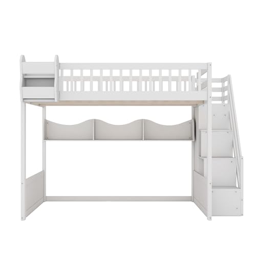 Merax Queen Size Wood Loft Bed with Wardrobe and Staircas, Storage Shelves, Floor Multifunction Bunk Bed with Full Length Gardrails, Space Saving,White Merax