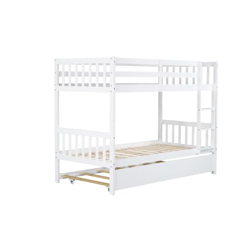 PVWIIK Twin Over Twin Bunk Bed with Trundle and Convertible to Two Beds,Wood Bed Frame w/Safety Guardrail for Dorm,Bedroom,Guest Room,No Box Spring Needed,White PVWIIK