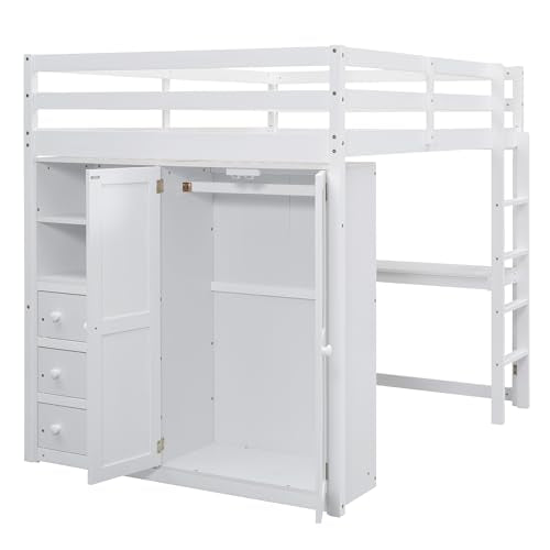 Merax Loft Bed Frame Full Size Wood with Built-in Wardrobe, Desk, Storage Shelves and Drawers, No Box Spring Needed Merax