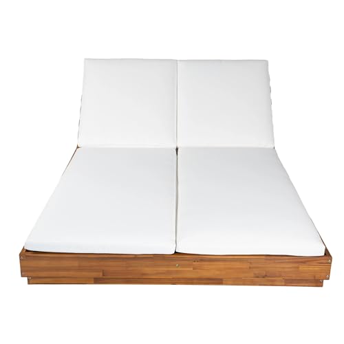 Christopher Knight Home Toridan Double Chaise Lounge Outdoor with Cushion, Acacia Wood Patio Chaise Lounge Set of 2, Adjustable Backrest Poolside Sun Lounger, Wood Sunbathing Chair, Teak+White