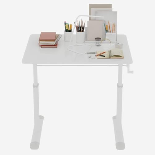 Penau Height Adjustable Study Desk, Manual Crank Standing Desk for Home Office and Kids, Minimalist White Engineered Wood Top with White Iron Frame, Compact Rectangular 32.68 x 23.62 x 35.43 Inchs Penau