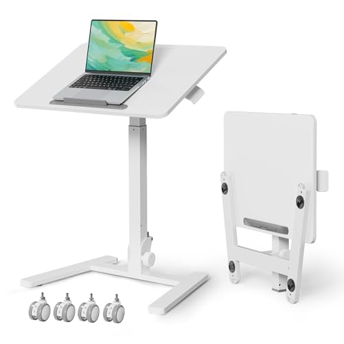 Gibbon Mounts Foldable Standing Desk,Small Mobile Sit-Stand Desk with 90 Tiltable Top,Rolling Rising Laptop Workstation Adjustable Height,Portable Table on Hidden Wheels/4 Lockable Casters,White Gibbon Mounts