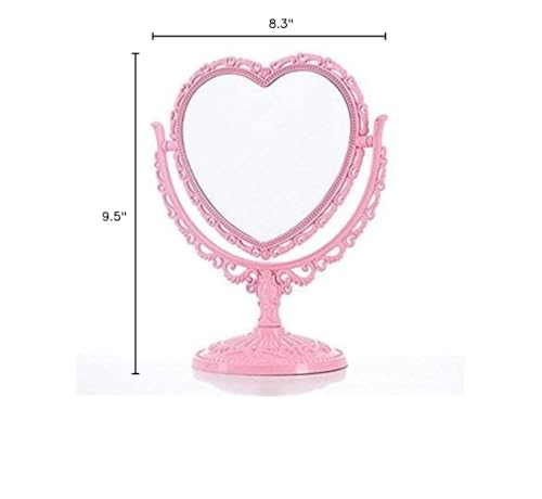 JDPEYI-Pink Heart Shaped Mirror - Coquette Room Decor for Desk & Vanity -Double-Sided Rotatable Cute Magnifying Mirror with Stand JDPEYI