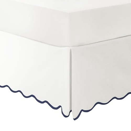 Lush Decor Coastal Chic Scalloped Edge Linen-Textured Bed Skirt Single, King Navy & White - White Bed Skirt King Size - Coastal Decor - Wrap Around Bed Skirt Lush Decor