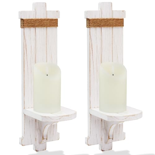 Homemory Wall Sconces Candle Holder Set of 2, Farmhouse Wooden Rustic Wall Decor for Living Room, Dining Room, Bedroom, Bathroom (White) Homemory