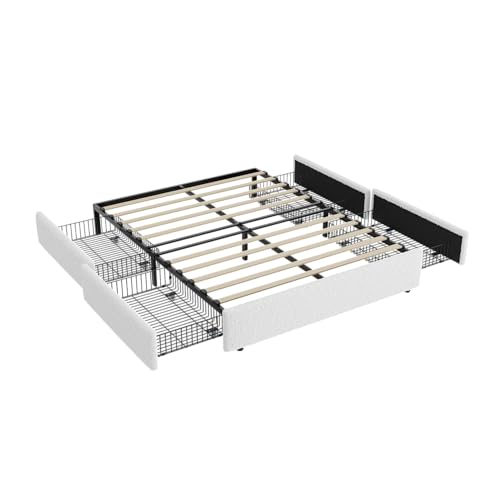 Allewie Full Size Bed Frame with 4 Oversized Storage Drawers, Soft Teddy Fabric, Boucle Upholstered Platform Bed, Wooden Slats Support, Noise-Free, No Box Spring Needed, Easy Assembly, White Allewie