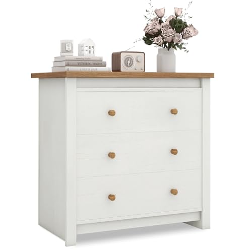 Vikiullf Farmhouse 3 Drawer Dresser for Bedroom, Tall Modern Chest of Drawers, Wood Oak Storage Chest for Bedroom, Hallway, Living Room Closet Dressers Chest, Tall Nightstand, Off White (1) Vikiullf