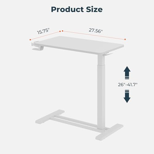 FitStand Medical Overbed Adjustable Bedside Table with Hidden Casters, Mobile Pneumatic Rolling Laptop Standing Desk with Tray for Home & Hospital Use, White Table Top + White Edging FitStand
