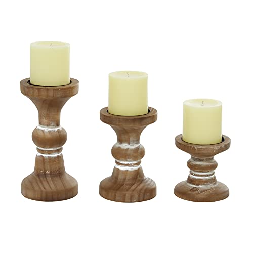 Deco 79 Wood Decorative Candle Holder Beaded Pillar Candle Stand, Set of 3 Candlestick Holder 4", 6", 8"H, Brown Deco 79