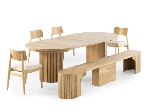 Transformer Table - Solid Wood Extendable Round Dining Table Set with Bench and 4 Chairs, Seats 4-10, Expandable Round Dining Set, Natural (Table + Bench + 4 Chairs) Transformer Table