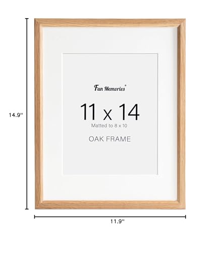 Fun Memories 11x14 Oak Picture Frame for Wall, 11x14 Frame with Matted to 8x10, Solid Wood Picture Frames for Wall Art Photo and Prints (Beige, 1 Pack) Fun Memories
