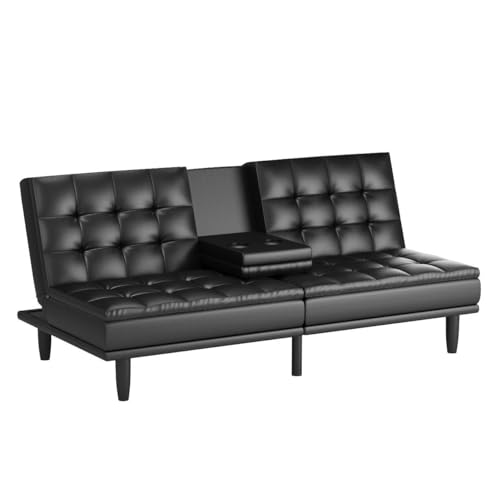 Upholstered in Faux Leather Mainstays Memory Foam Pillowtop Futon with Cupholders Mainstay