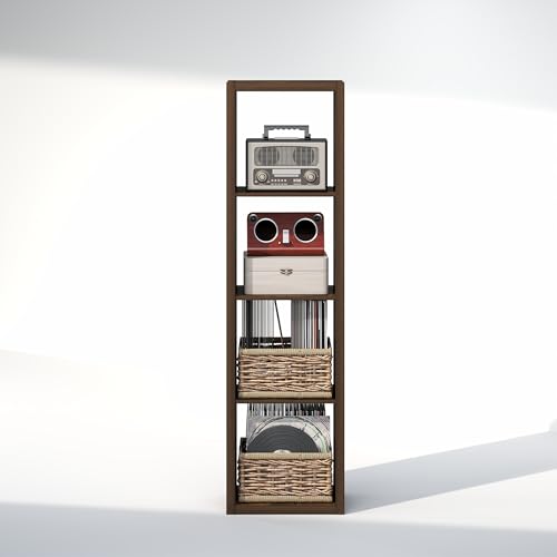 Furinno Cubicle Record Player Stand with Vinyl Storage, 4-Cube 1.2 Extra Thick Vinyl Record Storage, Open Back Media Shelf for CD DVD Blueray Game Disc, for Living Room, Home Office, Amber Pine Furinno