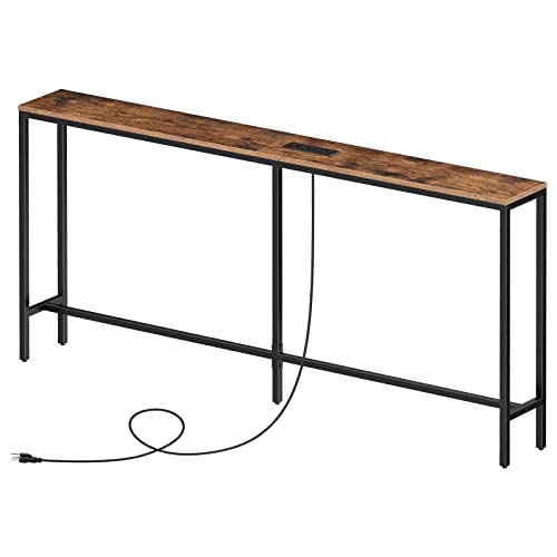 MAHANCRIS 63'' Skinny Console Table with Charging Station, Narrow Long Sofa Couch Table, Easy Assembly, Entryway Table for Living Room, Foyer, Hallway, Rustic Brown CTHR165E01Z1 MAHANCRIS