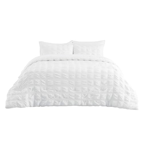 Bedsure Plaid Seersucker Comforter Sets Full Size Bed 7 Piece, Soft Lightweight White Bedding All Season Full Bed in a Bag Set with Comforters, Sheets, Pillowcases & Shams Bedsure