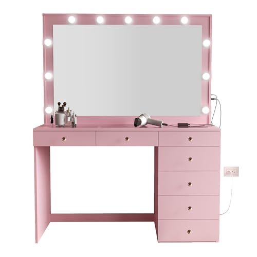 Boahaus Serena Large Makeup Vanity Desk with Hollywood Lights, 11 Drawers, Hair Dryer Hanger, USB Type-C & Type-A, 110V Power Outlet for Beauty Tools, Glass Top, Crystal Knobs – Premium Pink Finish Boahaus