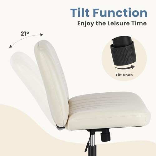 DUMOS Criss Cross Chair with Wheels, Legged Office Armless Wide Desk Seat Dual-Purpose Base, Adjustable Swivel Leather Task Vanity Home Office Desk Seating, Cream DUMOS