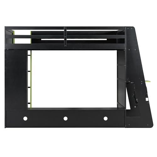 LUMISOL Twin Size Gaming Loft Bed with Desk, RGB LED Lights & Charging Stations, Wood Loft Bed Frame with Storage Bookshelves for Kids, Teens & Adults, Green + Black LUMISOL