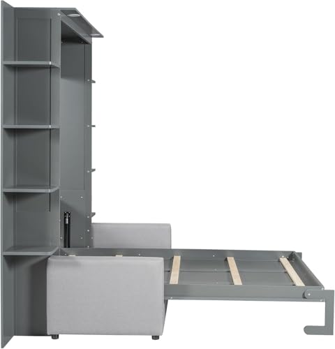 Queen Murphy Bed with Couch and Storage Shelves,Wood Murphy Wall Bed Cabinet with Storage Shelves and Sofa,Folding(Grey) Virubi