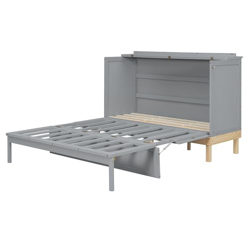 LZ LEISURE ZONE Queen Size Murphy Bed, Wood Cabinet Bed with Legs, Gray LZ LEISURE ZONE
