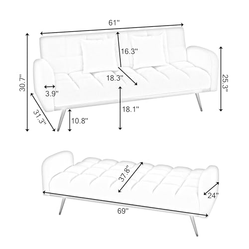 Ball & Cast Convertible Sleeper Sofa Bed with Adjustable Backrest,Teddy Upholstered Futon Couch Bed W/ 2 Pillows,Armrest and Metal Legs,Loveseat Sofa for Living Room,Apartment,Small Space,Pink,69" Ball & Cast