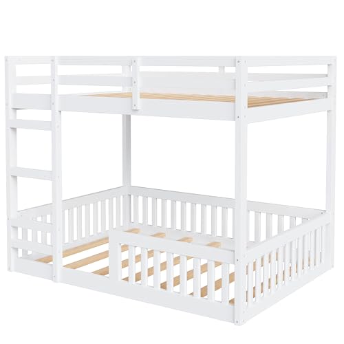 Bellemave Full Over Full Bunk Bed with Ladders Wood Bunk Beds with Full-Length Guardrails Floor Bunk Bed Frame for Kids, Boys, Girls, No Spring Box Needed, Pure White Bellemave