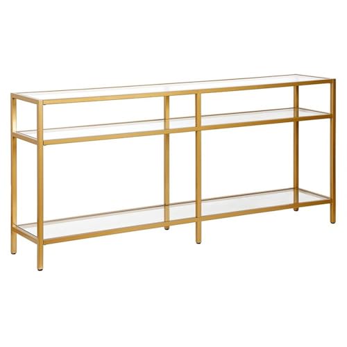 Pemberly Row Modern 64" Metal Console Table, Golden Brass Finish, Tempered Glass Top, 3-Shelf Design, Steel Frame, Stylish Entryway or Sofa Table for Living Room Decor Pemberly Row