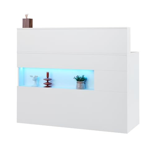 VEVOR Reception Desk, 47 Inch Rectangular Front Counter Table, Office Reception Desk with LED Light, 2 Drawers and Power Outlets, for Checkout, Lobby, Beauty Salon and Office, White VEVOR