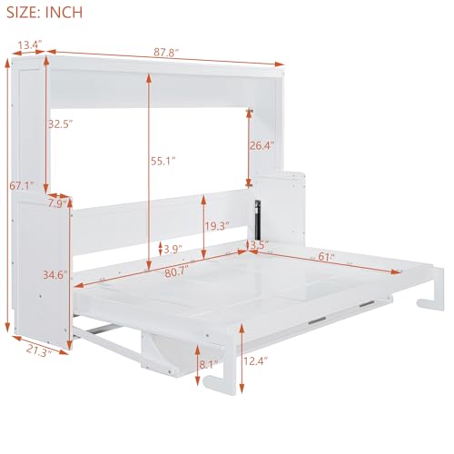 Merax Murphy Bed Queen Size with Desk, Wood Folding Wall Bedframe with Smooth Hydraulic Lift, for Small Bedroom, Guest Room, Home Office, White Merax