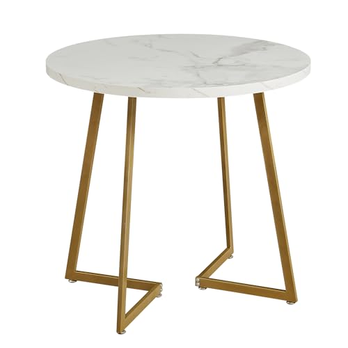 VECELO Round Dining Room Table with Wood Grain Tabletop and Steel Frame, for Kitchen, Living Room, Office, Conference, 2 to 4 Person, White & Gold VECELO