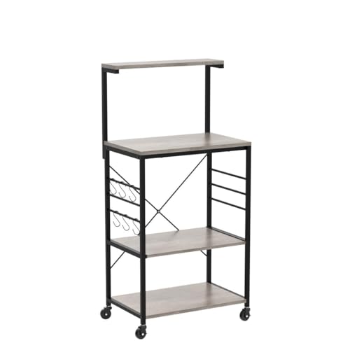 Yaheetech Kitchen Bakers Rack on Wheels(16D x 24W x 50H Inches), Microwave Stand Kitchen Cart, Rolling Coffee Bar Cart with 6 S-Side Hooks and Adjustable Feet, Utility Storage Shelf, Gray