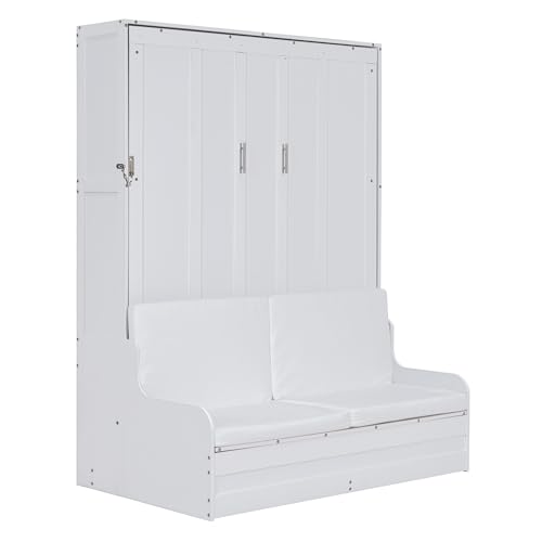 Merax Queen Size Murphy Bed Frame, Modern Wall Bed Can Be Folded into Cabinet, Chair with Cushion, White Merax