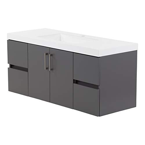 Spring Mill Cabinets Innes 48 Inch Floating Bathroom Vanity with White Single Sink Top, 2-Door Cabinet, 4 Soft-Close Drawers, 48.5" W x 18.75" D x 22.25" H, Cement Spring Mill Cabinets