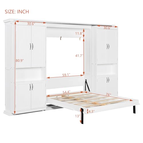 Murphy Bed with Dual Sliding Storage Cabinets, Hidden Wall Cabinet Design, Dual 6-Tier Side Shelves, Large-Capacity Space-Saving Wall Bed System for Modern Homes & Multifunctional Rooms, Full, White Merax