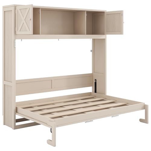 LUMISOL Murphy Bed Full Size, Wood Wall Bed Frame with Storage Cabinets, Farmhouse Cabinet Bed Frame for Guestroom, Apartment, Beige LUMISOL