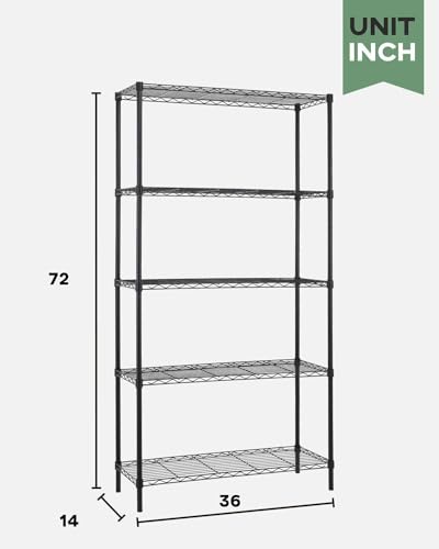 FDW 14" D x 36" W x 72" H 5-Shelf Wire Shelving Adjustable Metal Shelf Large Storage Shelves Heavy Duty Height Commercial Grade Steel Layer Shelf 1250 LBS Capacity,Black FDW