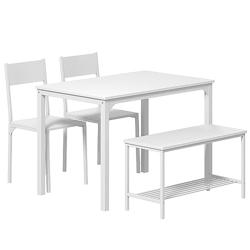 DlandHome 4 Person Dining Table Set, Dining Table with 2 Chairs and 1 Bench,Rectangular Space-Saving Dinner Table with Two Benches for Kitchen DlandHome