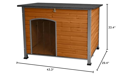 Indoor Outdoor Dog House,Anti-Chewing Iron Frame Dog Kennel,Wood Warm Pets Home,Insulated Weatherproof Outside Shelter (43.3" (L) x 29.4" (W) x 33.4" (H) Brown) Suumerpety