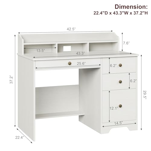 TTVIEW Computer Desk with Drawers and Hutch Shelf, Wood Executive Desk Writing Study Table with 43” Wide Tabletop, Small Desk with File Drawer for Home Office Bedroom, White Oak TTVIEW