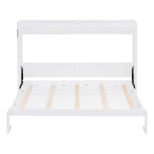 Ball & Cast Queen Size Murphy Bed,Hideaway Beds with Dual Piston Metal Folding Mechanism Designed,Wood Wall Cabinets Bedframe w/Slat Support and Storage Platform Top,Hardware Chain,for Apartment,White Ball & Cast