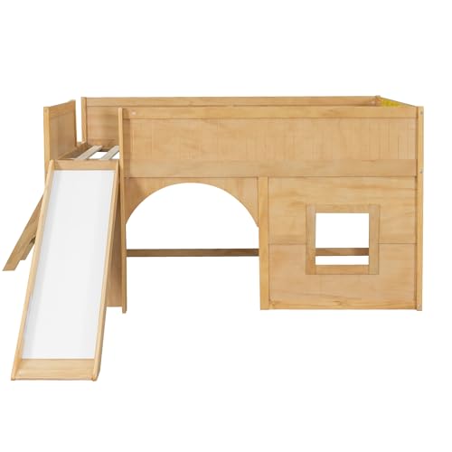 Merax Full Size Loft Bed with Slide & Stairs, Low Loft Bed for Kids, Solid Wood Bed Frame with Storage Shelve, Guard Rails, Slat Support & Under-Bed Play Space, No Box Spring Needed, Natural Merax