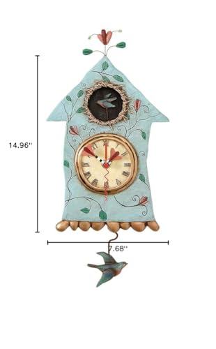 Enesco Allen Designs Birdhouse with Flowers Cuckoo Wall Clock - Battery Operated Pendulum Analog Clock, Stone Resin Decorative Clocks for Walls Home Decor Kitchen Clocks, 14.9 Inch Enesco