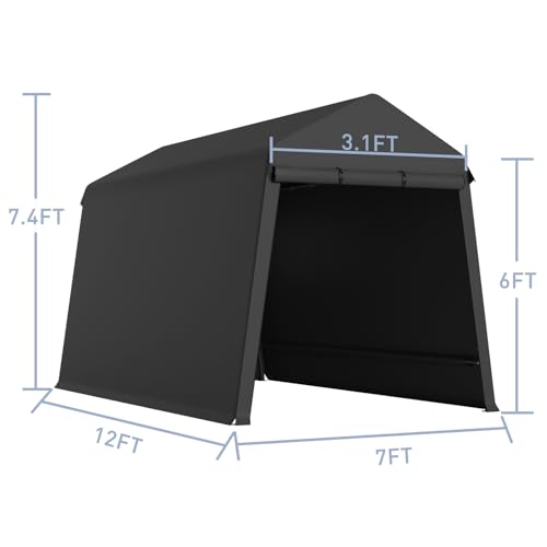 7X12 Ft Outdoor Portable Storage Shelter Shed with Rolled Up Zipper Doors & Vents, Heavy Duty Carport for Motorcycle Waterproof and Uv Resistant Anti-Snow Portable Garage Kit Tent, Black Hipicute