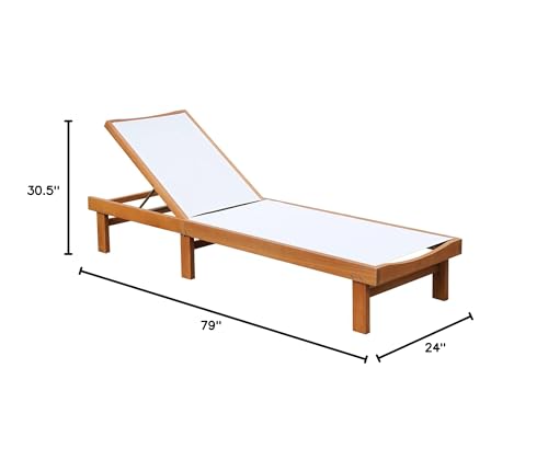 Tangkula Outdoor Wood Chaise Lounge Chair, Patio Chaise Lounger with 5-Postion Adjustable Back, Eucalyptus Wood Reclining Lounge Chair with Breathable Fabric for Poolside Lawn Backyard (1, White) Tangkula